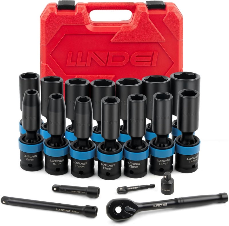 LLNDEI 3/8" Drive Swivel Socket Set, 19PCS Deep Universal Impact Socket Set, Metric(8mm-22mm) Premiun Wobble Socket Set, CR-MO Steel,3"& 6" Extension Bar, Ad - Image 1